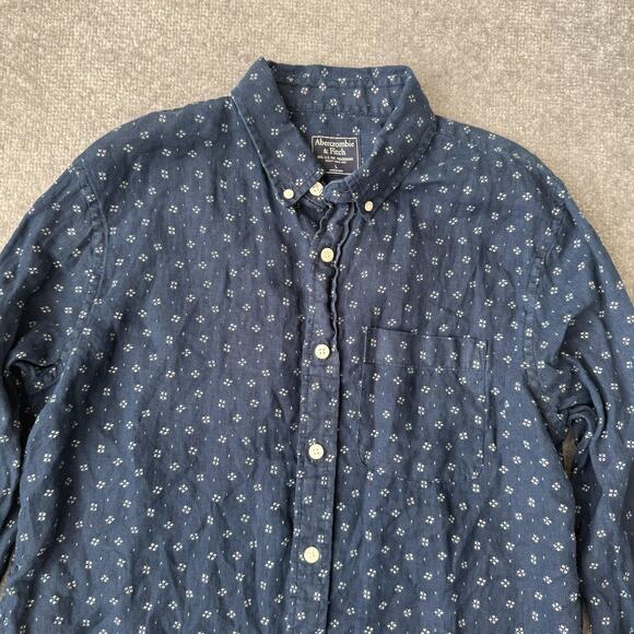 Abercrombie & Fitch Shirt Mens Large Navy Linen Button Down Long Sleeve Floral - Picture 2 of 7